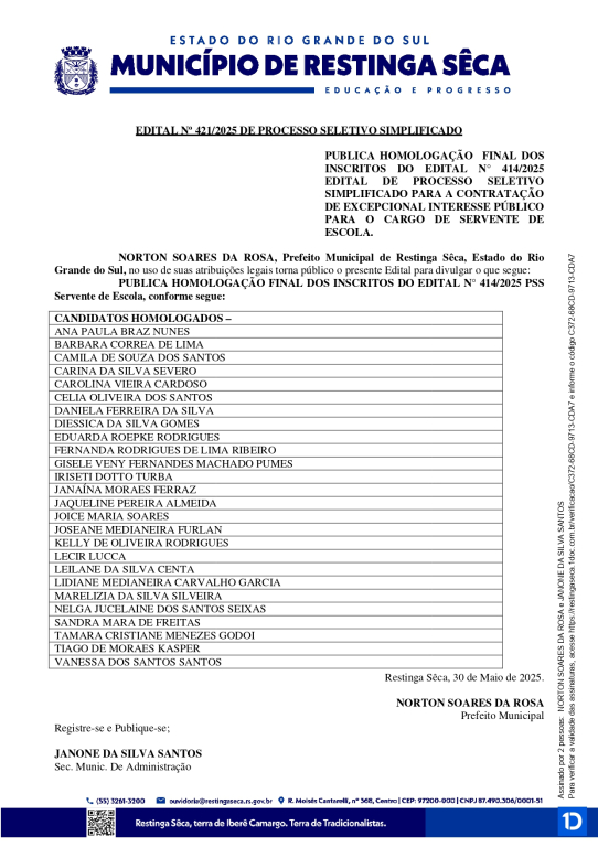 Foto Edital nº 421/2025 - Homologação Final dos Inscritos - Servente de Escola II